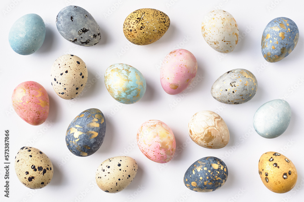 Dyed colorful pastel Easter eggs pattern on white background. Easter greeting card. Dyed colorful pastel Easter eggs pattern on white background. Easter greeting card.