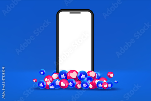 Social media network elements on smartphone. Social media comments in the form of Like and love.