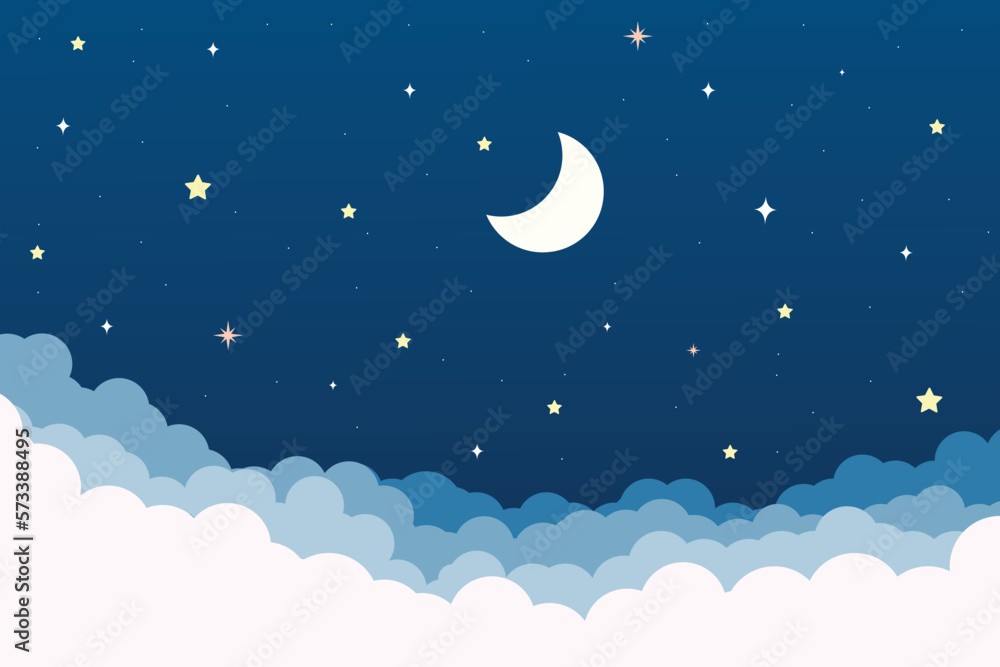 night sky with stars and moon. paper art style. Dreamy background with