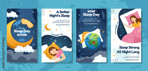 Happy Sleep Day Social Media Stories Flat Cartoon Hand Drawn Templates Background Illustration