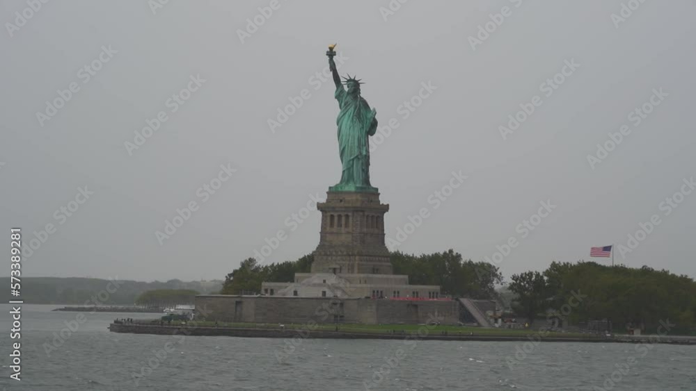View of Statue of liberty from Staten Island Ferry on Rainy Day View of Statue of liberty from Staten Island Ferry on Rainy Day