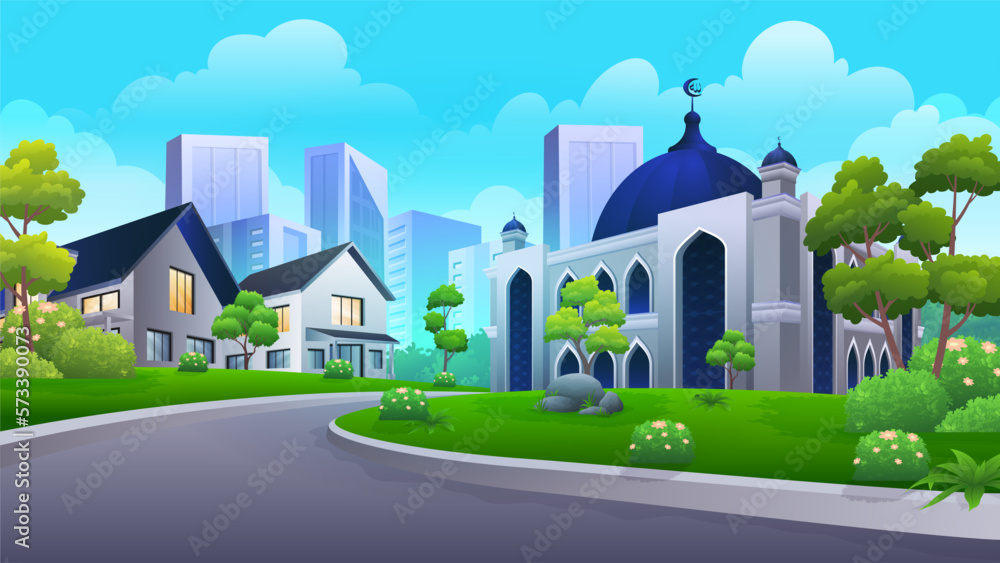 Islamic Urban landscape with mosque, modern downtown and residential house vector illustration 