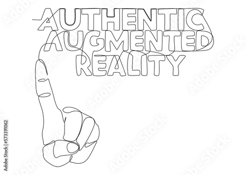 One continuous line of hand with Authentic Augmented Reality word. Thin Line Illustration vector concept. Contour Drawing Creative ideas.