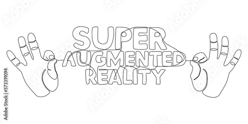 One continuous line of hand with Super Augmented Reality word. Thin Line Illustration vector concept. Contour Drawing Creative ideas.