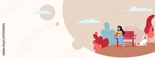 cheder, flat illustration, a girl with a dog sits on a bench in a colorful park