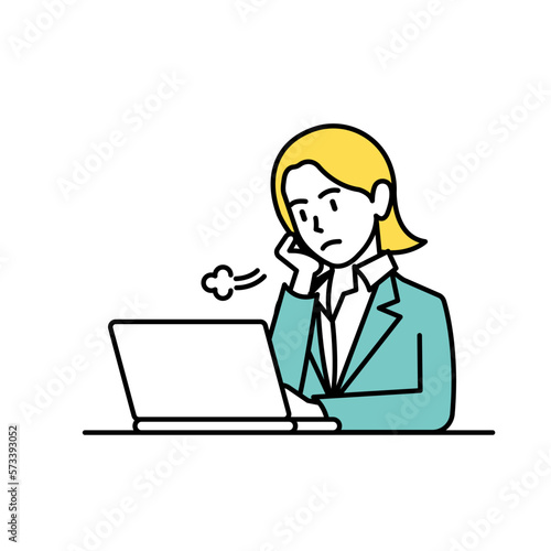 Illustration of a business woman sighing in front of a computer at work
