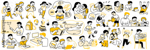 Cute character doodle illustration of back to school concept and education. Various student, teacher, walking, jumping, happy, reading book, learning, activities, imagination. Outline, hand drawn.
