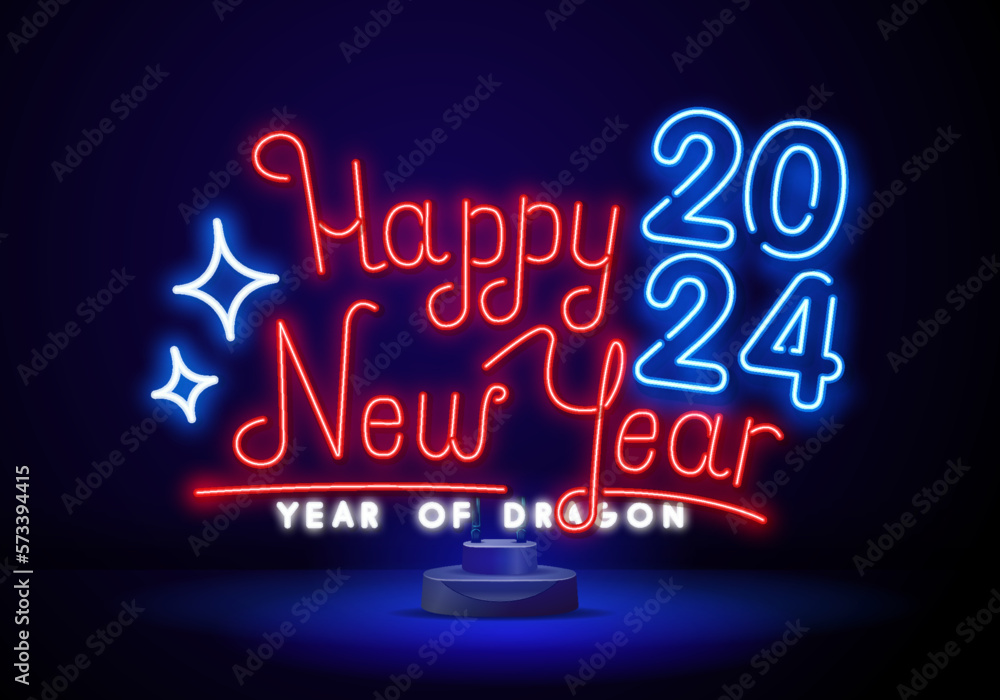Happy New Year neon sign. Night party. 2024 Neon sign, bright signboard