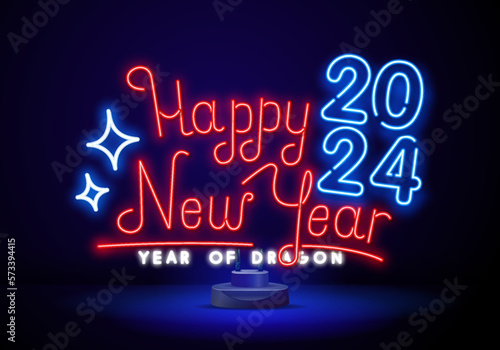 Happy New Year neon sign. Night party. 2024 Neon sign, bright signboard, light banner. Neon Greeting card template. Editing text neon sign. Happy new year 2024, banner