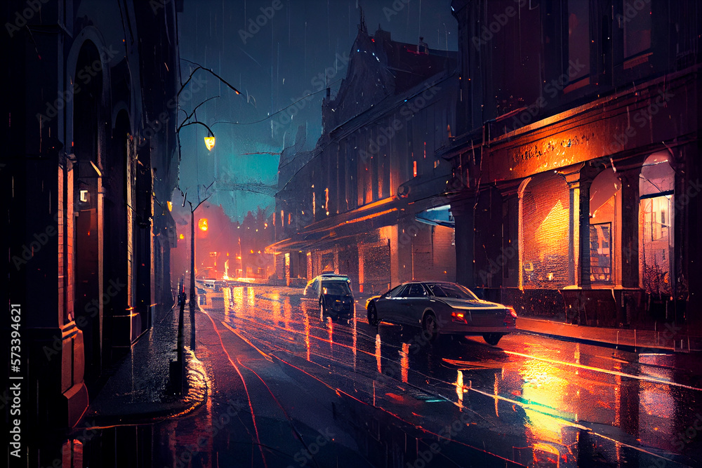 A city street at night with cars parked on the side of the road and a ...