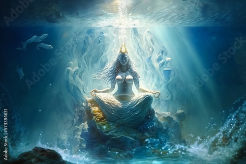 A Statue of a Meditating Goddess Embraced by the Ocean's Waves. Generative AI