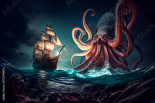 Fotografija A giant octopus kraken monster attacking a pirate ship in the dark ocean