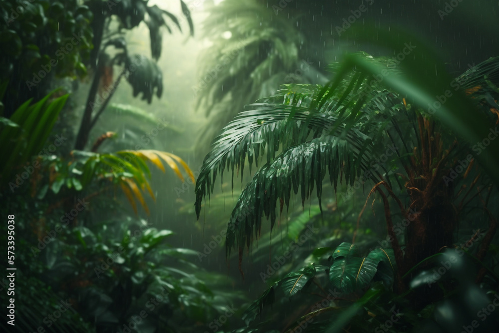 green jungle leaf in rain nature background illustration Generative AI