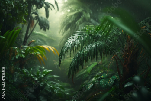 green jungle leaf in rain nature background illustration Generative AI © Poter