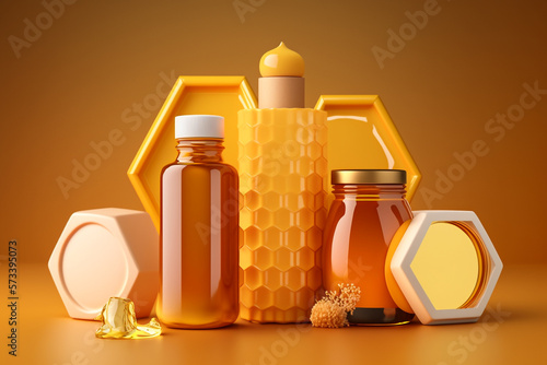 propolis bottles with bee extract cosmetics based on beeswax beauty skin care illustration Generative AI photo
