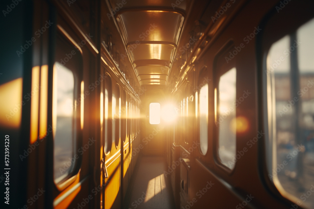 sunny morning outside the window in the train corridor, trips and travel concept illustration Generative AI sunny morning outside the window in the train corridor, trips and travel concept illustration Generative AI