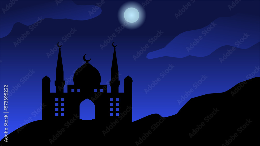 Silhouette landscape of mosque with shiny blue sky for ramadan design graphic in muslim culture and islam religion. Vector illustration of background mosque in the night for Islamic wallpaper design