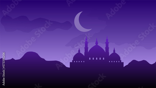 Fotografiet Silhouette landscape of mosque with shiny purple sky for ramadan design graphic in muslim culture and islam religion