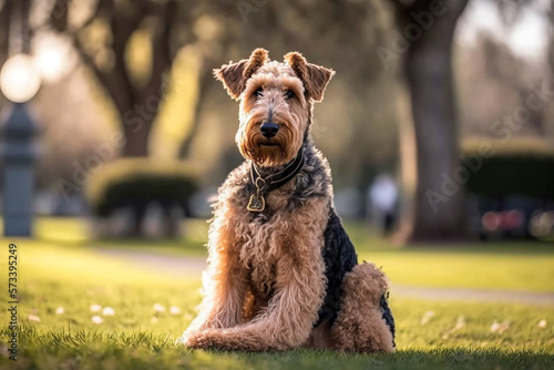 Dog pet Airedale terrier erdelterier in park on green grass illustration Generative AI photo