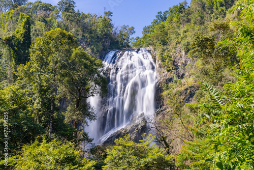 Long exposure shot of Khlong Lan Waterfall in Khlong Lan National Park in sunny day  the popular nature destination of tourist in Thailand