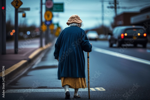 elderly grandmother with a cane trying to cross the road illustration Generative AI