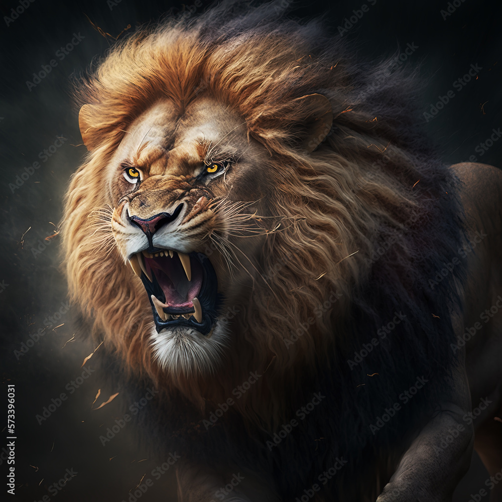 Angry Roaring Lion. AI generated Illustration.