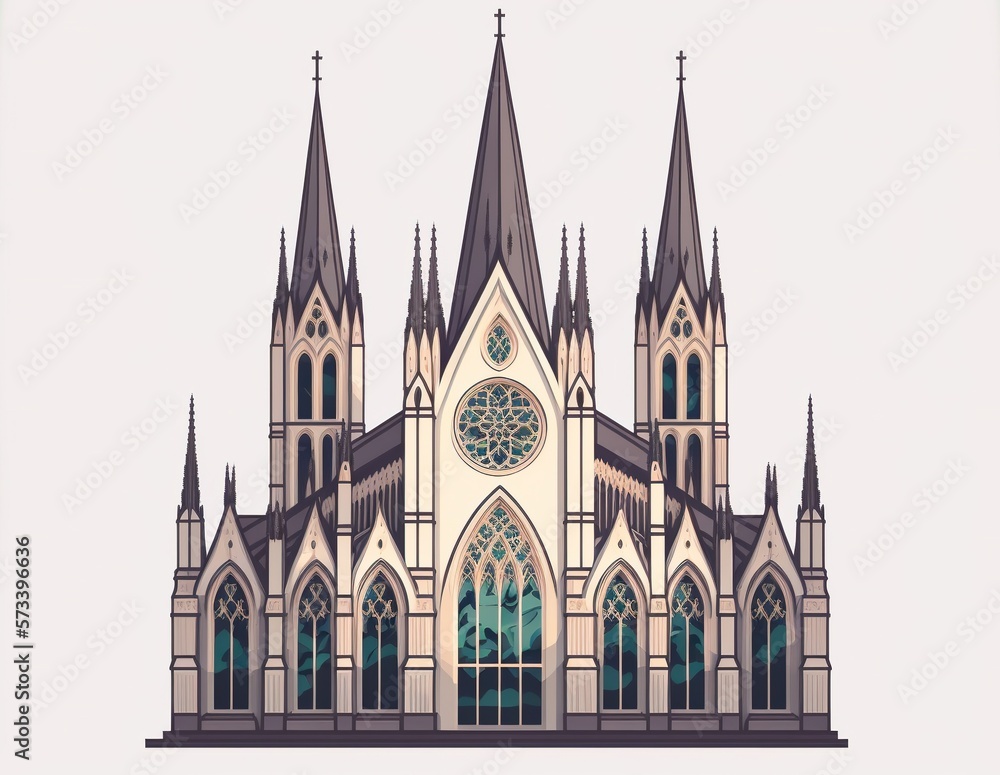 large cathedral with intricate spires and stained glass windows made with generative ai, vector style, flat, illustration, cartoon, line