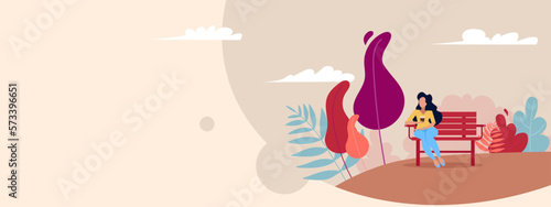 cheder, flat illustration, a girl sits on a bench in a colorful park