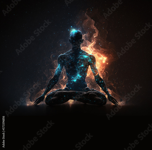 A man silhouette sits in a lotus position against the background of the starry sky and the rising sun. Concept about yoga and human strength. illustration generative AI © A Stock Studio