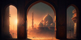 Beautiful Mosque Architecture at Maghrib During Ramadan, Generative AI