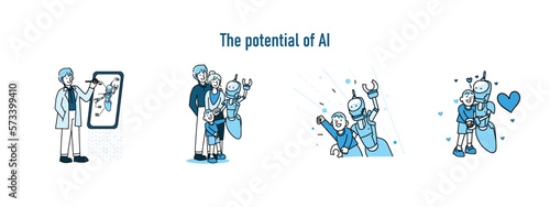 Set of artificial inteligence illustration, group of robot A.I. and people activities graphic blue tone color modern cartoon style