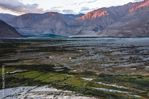 Beautiful sunset at diskit monastery.