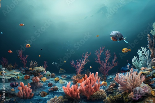 Canvas-taulu cartoon illustration, underwater scene of the seabed with corals and algae, ai generative