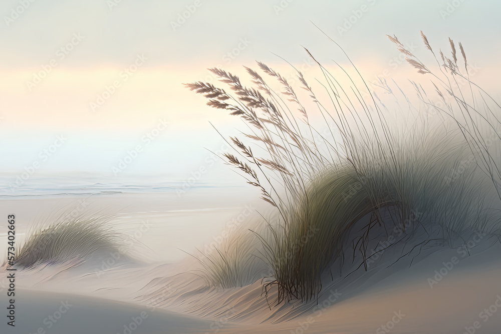 Fototapeta Minimalism, Sand Dune, Beach Grass, Foggy Shoreline, Soft Muted Waves, Sunrise. Generative AI