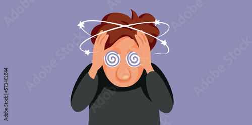 Man Feeling Nauseous and Dizzy Having Headaches Vector Illustration. Unhappy hangover guy feeling still tipsy and drink
 photo