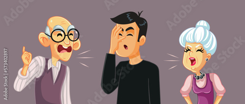 Elderly Parents Disappointed in their Adult Grown up Son Vector Cartoon. Son in law in conflict with the parents of his wife
