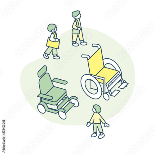 車椅子とう移動手段。リハビリと看護について考える人々