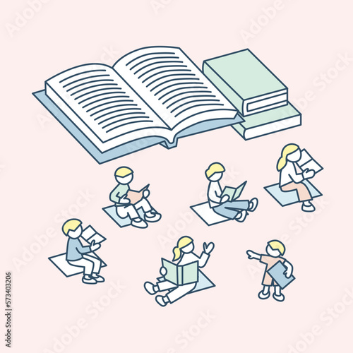 本と文字。ゆっくりと読書する人々