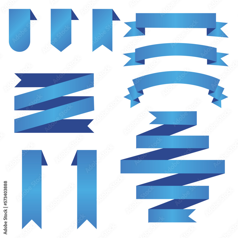 Fototapeta premium Flat ribbons set in gradient blue colors, Flat ribbons banners flat isolated on white background illustration set of blue tape