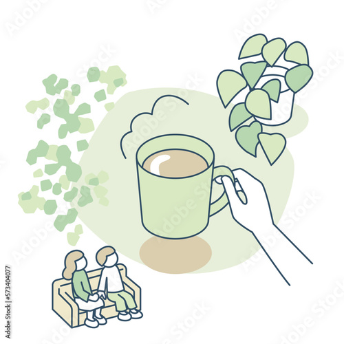 家でのリラックス時間。コーヒーを飲んでくつろぐ人々