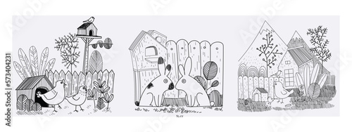 Set of country farm village landscape black and white hand drawing vector illustration.