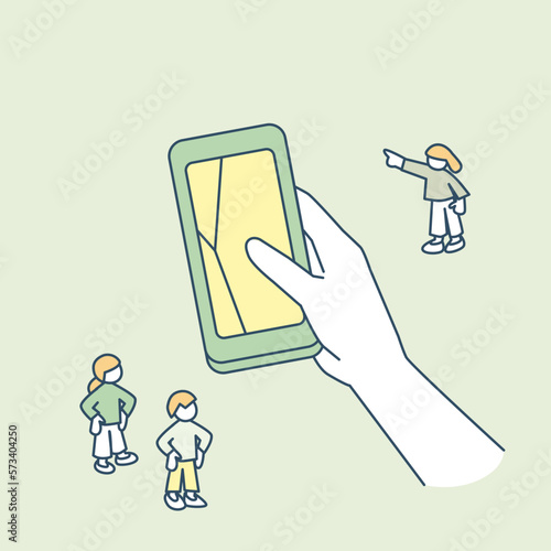 壊れたスマートフォンと困惑する人々。ひび割れた画面