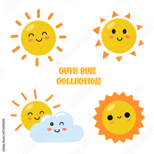 Set of hand drawn funny cute sun icon illustration, Cartoon sunny smiling faces icons, Bright yellow sun cute character with smile vector illustration,  Funny summer sunshine,