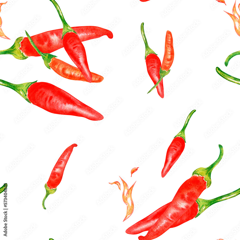 Tabasco hot pepper and flame watercolor seamless pattern isolated on ...