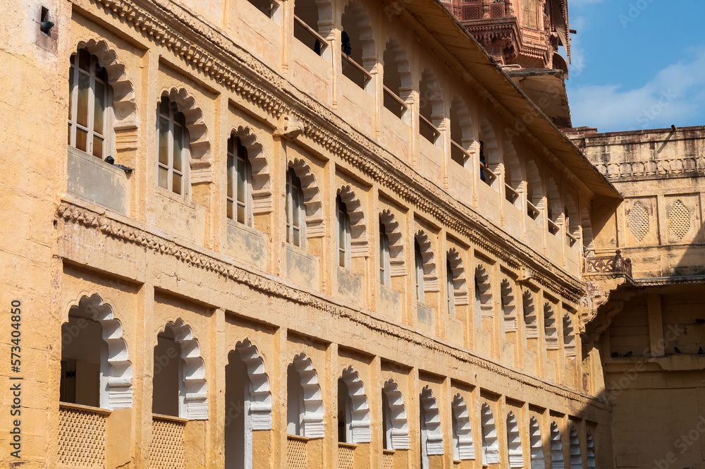 View of series of windows at famous Mehrangarh fort, Jodhpur, Rajasthan, India. Mehrangarh Fort is UNESCO world heritage site popular amongst tourists worldwide. Beautiful architecture of Rajput era.
