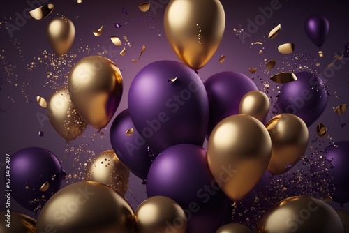Background of festive dark purple and gold balloons. Photorealistic drawing generated by AI.