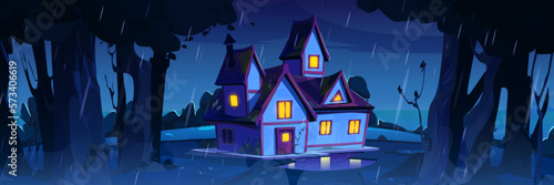 Night rainy landscape with forest and village house. Nature scene with countryside cottage, garden with trees and bushes, sandy road and puddle under raindrops, vector cartoon illustration