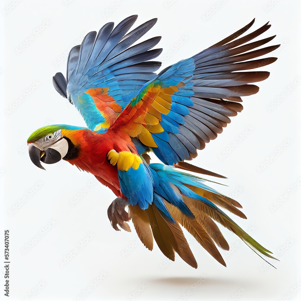 Fototapeta premium Flying macaw isolated on white background. Generative AI illustration.