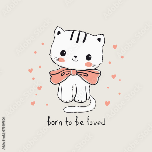 Cartoon cute kitten in hand drawn style. Hand drawn vector illustration for children wear, stickers, poster, card
