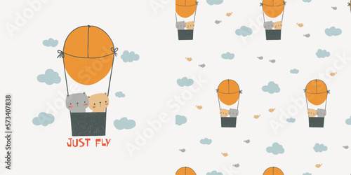 Funny kittens flying on hot air balloon. T-shirt design and seamless pattern for kids. Hand drawn vector illustration perfect as a print for children's clothing  photo